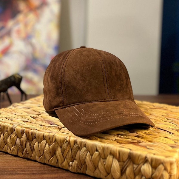 Brown Suede Baseball Cap, Trucker Hat, Woman Suede Cap, Genuine Leather Cap, Handmade Flat Cap, Adjustable Suede Hat, Unisex Golf Hat