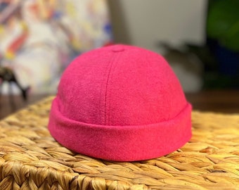 Pink Docker Hat,Brimless Beanie Docker Cap,Adjustable Harbour Hat,Sailor Military Hat,Vintage Skullcap,Wool Winter Beret,Retro Docker Hat