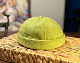 Bonnet docker vert clair, bonnet sans bords, casquette docker, chapeau portatif réglable, chapeau de marin en laine, béret d'hiver en laine, calotte vintage, chapeau Docker rétro