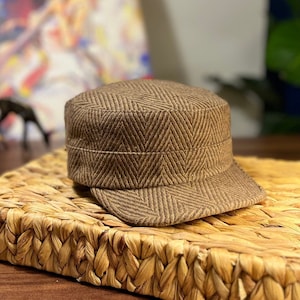 Brown Herringbone Cadet Cap,Wool Army Style Hat,Unisex Military Cap,Short Bill Hat, Work Hat,Adjustable Sun Hat,Fashion Headwear,Christmas