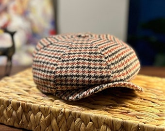 Bonnet orange et noir en laine pied-de-poule, casquette 8 panneaux, casquette gavroche faite main, chapeau Peaky Blinders, chapeau à carreaux irlandais, chapeau homme boulanger garçon, mode vintage