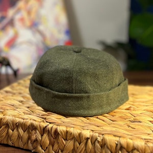 Green Docker Hat,Brimless Beanie Docker Cap,Adjustable Harbour Hat,Sailor Military Hat,Vintage Skullcap,Wool Winter Beret,Retro Docker Hat