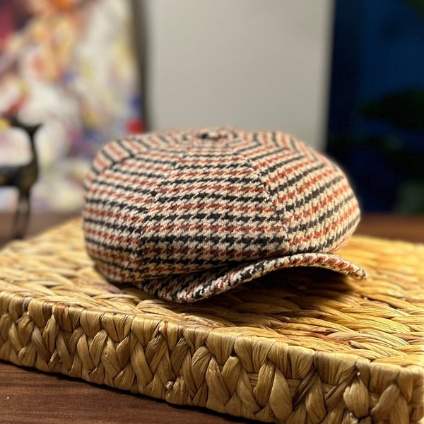 Orange und Schwarz Hahnentritt Wollmütze, 8 Panels Cap, Handgefertigte Schiebermütze, Blender Beanie, Vintage