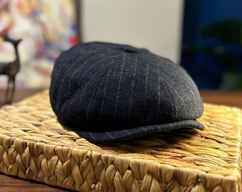 Striped Wool 8 Panels Cap, Peaky Blinders Hat, Black Newsboy Cap, Baker Boy Man Hat, Irish Flat Cap, Groomsman Hat, Handmade Wool Hat