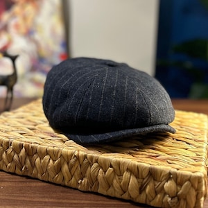 Striped Wool 8 Panels Cap, Peaky Blinders Hat, Black Newsboy Cap, Baker Boy Man Hat, Irish Flat Cap, Groomsman Hat, Handmade Wool Hat