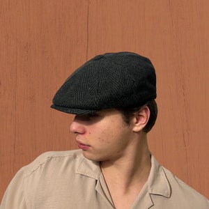 Dark Green Herringbone Newsboy Cap, Handmade Peaky Blinders Style Hat, Wool Blend Flat Cap for Men,Vintage Irish Gatsby Cap Winter,1920s hat