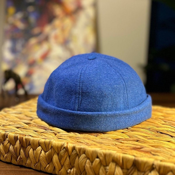 Blue Docker Hat,Brimless Beanie Docker Cap,Adjustable Harbour Hat,Sailor Military Hat,Vintage Skullcap,Wool Winter Beret,Retro Docker Hat