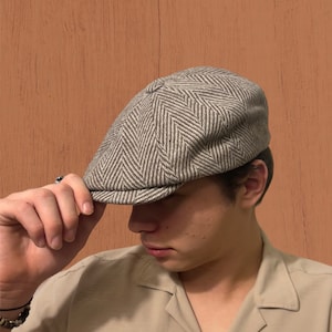 Brown Gray Herringbone Wool Newsboy Cap 8 Panel Peaky Blinders Hat Gatsby Style Handmade Baker Boy Winter Cabbie Hat Vintage Mens Fashion
