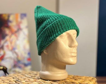 Green Fisherman Beanie, Handknitted Beanie, Docker Hat, Women Skull Cap, Trawler Beanie, Forest Green Beanie, Winter Beanie, Wool Beanie