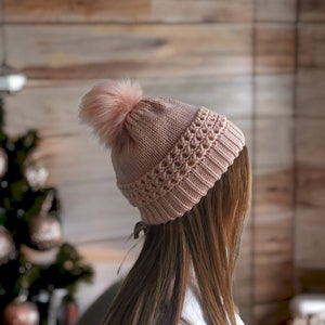 Pink Handknit Hat, Knit Pompom Beanie For Winter, Multicolor Handknit Pom Pom Beanie, Handmade Slouch Hat Women, Christmas Gift For Women