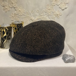 Brown Herringbone 8 Panel Cap Wool Blend Newsboy Hat Peaky Style Flat Cap for Men Women Handmade Vintage Gatsby Unisex Fall Winter Hat