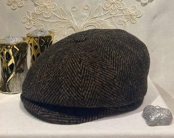 Brown Herringbone 8 Panel Cap Wool Blend Newsboy Hat Peaky Style Flat Cap for Men Women Handmade Vintage Gatsby Unisex Fall Winter Hat