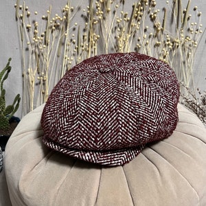 Burgundy White Herringbone 8 Panels Cap, Italian Scally Cap, Newsboy Hat, Peaky Blinders Cap, Bakerboy Beret, Irish Flat Hat, 3 Size