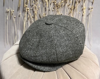 Gray Herringbone Newsboy Cap, Vintage 8Panel Hat, Peaky Blinders Hat, Italian Scally Cap, Bakerboy Beret, Irish Flat Hat, Christmas Gift