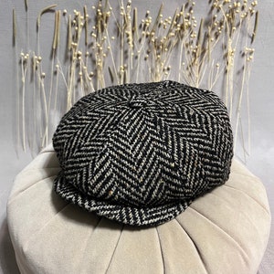 Black Herringbone Peaky Blinders Cap, 8 Panels Cap , Newsboy Hat, Italian Scally Cap, Bakerboy Beret, Irish Flat Hat, 3 Size