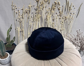 Dark Blue Docker Hat, Velvet Brimless Cap, Vintage Skullcap, Retro Docker Hat, Minimalist Beanie, Winter Beret