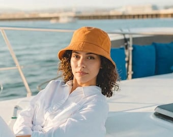 Orange Linen Bucket Hat, Trending Cotton Bucket Hat, Summer Aesthetic Sun Hat, Handmade Linen Hat, Orange Safari Hat, Women Beach Hat
