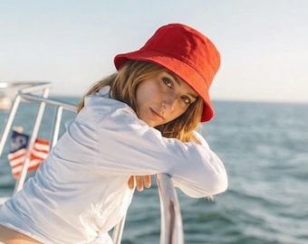 Red Linen Bucket Hat, Wide Brim Sun Hat, Handmade Linen Hat, Summer Safari Hat