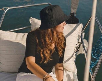 Black Linen Bucket Hat, Foldable Cotton Bucket Hat, Handmade Linen Hat, Black Safari Hat, Sun Protection Hat, Women Beach Hat,