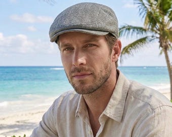 Gray Linen Flat Cap, Handmade Bakerboy Hat, Summer Sun Protection, Peaky Blinders Style