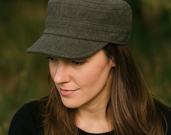 Green Wool Cadet Cap, Winter Military Hat Unisex, Adjustable Wool Army Style Hat, Castro Cap for Men Women, Warm Work Hat, Fashion Gift