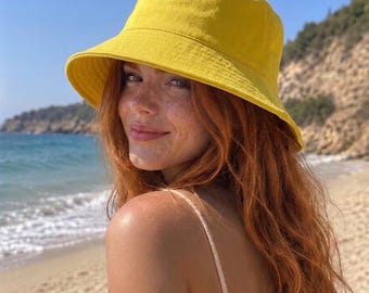 Handmade Yellow Linen Bucket Hat, Women's Beach Hat, Sun Protection Hat, Foldable Summer Hat, Summer Vacation Hat