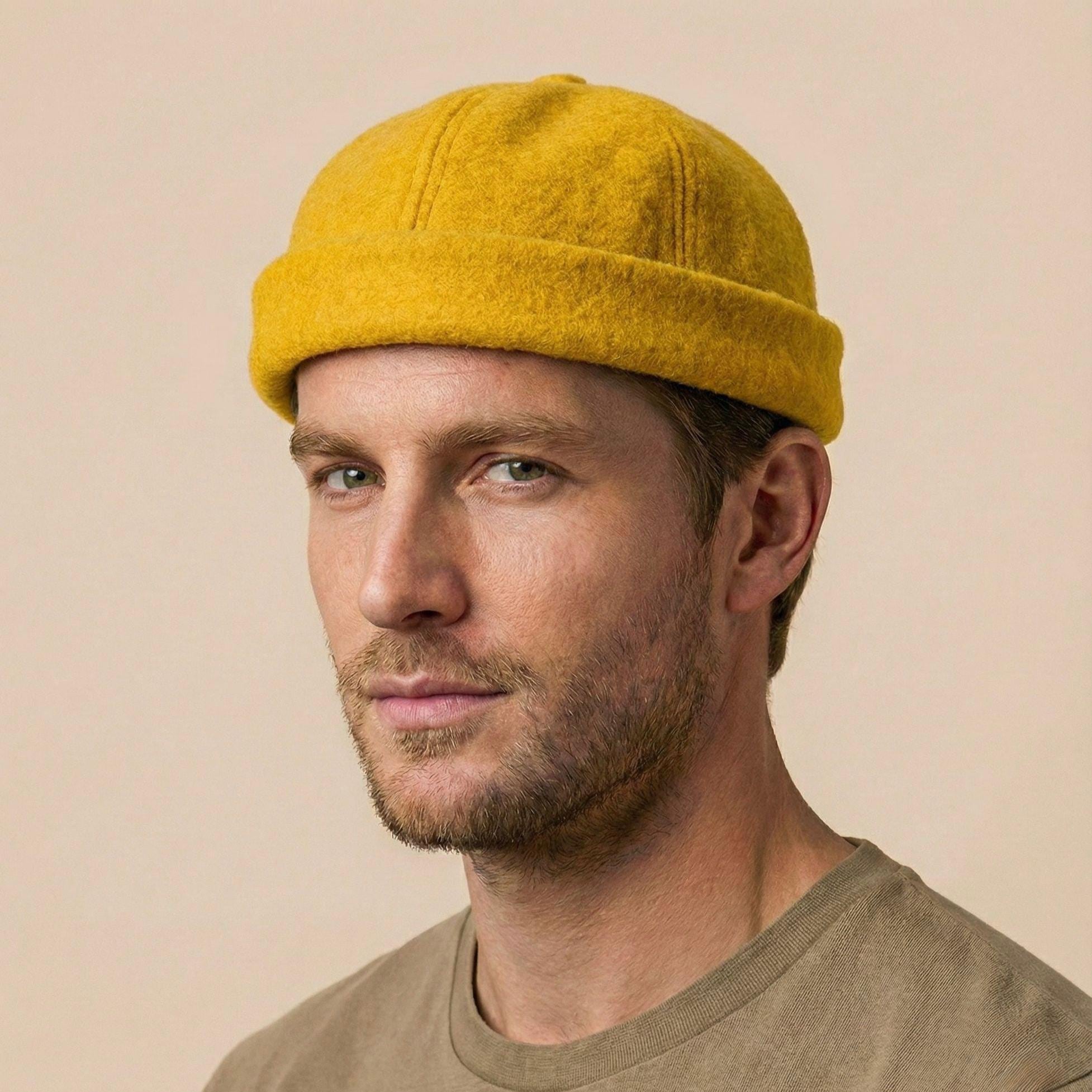 3114 Yellow Solid Color Knit Beret And Cream Satin Lined French Hat Beige Wool Beret | French Beret® main image 3