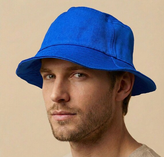 Blue Linen Bucket Hat for Men and Women, Foldable Wide Brim  display picture 1