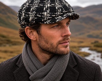 Black Cream Textured Check Cotton Newsboy Cap, Handmade 8-Panel, Lined with Firm Brim