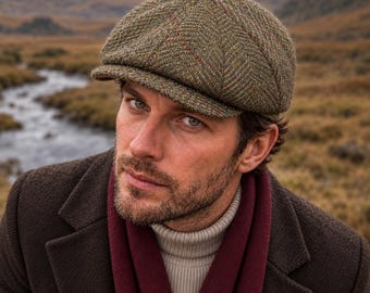 Olive Brown Herringbone Wool Newsboy Cap, 8 Panel Cap, Plaid Baker Boy Hat, Vintage Gatsby Style, Handmade Wool Hat, Unisex Winter Hat