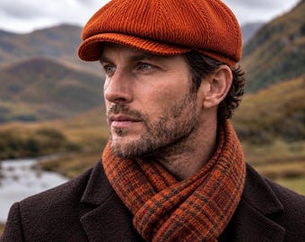 Handmade Orange Newsboy Velvet Cap, Corduroy Hat, Vintage Gatsby Style, Baker Boy Flat Cap, 8 Panel Cap, Women Velvet Hat, Gift for him/her