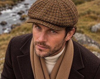 Brown Tweed Newsboy Cap, Tobacco Brown Houndstooth Baker Boy Cap, Irish Flat Cap Men , 8 Panel Winter Gift for Him