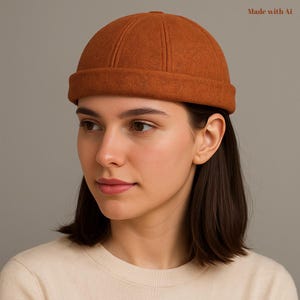 Brown Wool Docker Hat for Men and Women, Brimless Skullcap Beanie, Adjustable Retro Sailor Hat, Handmade Vintage Winter Cap, Gift for Her