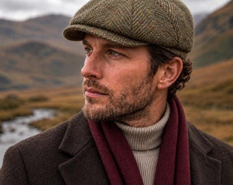 Olive Brown Herringbone Wool Newsboy Cap, 8 Panel Gatsby Hat, Plaid Baker Boy Cap