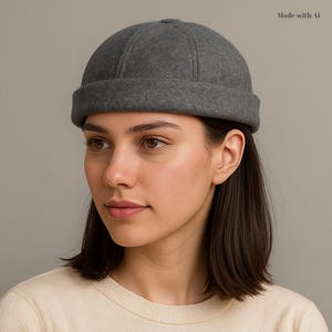 Gray Wool Docker Hat for Men and Women, Brimless Adjustable Beanie Cap, Retro Sailor Skullcap, Vintage Military Harbour Style Winter Hat