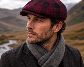 Burgundy Plaid Cotton Newsboy Cap, Handmade Lined 8-Panel Baker Boy Hat with Structured Brim