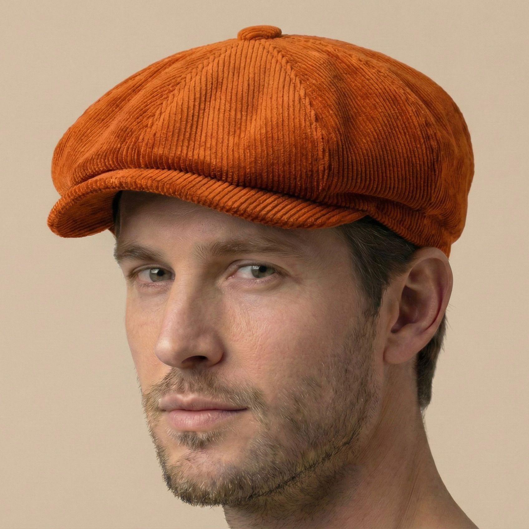 Orange Newsboy Velvet Cap, Peaky Blinders Hat, Vintage Gatsby