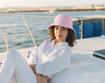 Handmade Pink Linen Bucket Hat, Unisex Summer Sun Protection Cap