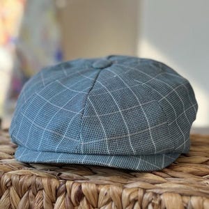 Hemelsblauw gestreepte krantenverkoperpet met 8 panelen, lichtgewicht platte zomerpet voor heren, katoenen Peaky Blinders-hoed, ademende Gatsby-hoed, handgemaakt