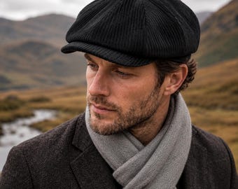Black Velvet Newsboy Cap, 8 Panel Corduroy Baker Boy Hat, Gatsby Flat Cap, Vintage Unisex Winter Hat, Handmade Velvet Hat