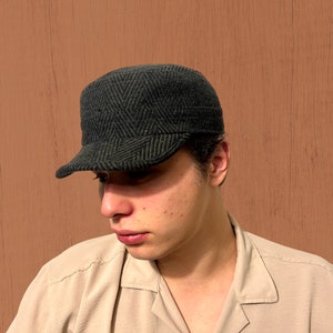 Green Herringbone Wool Cadet Cap Handmade Military Flat Hat for Men Women Unisex Structured Warm Winter Vintage Army Style Cap