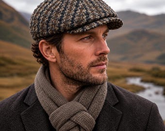 Gray Wool Tweed Newsboy Cap, Charcoal Brown Houndstooth Baker Boy Hat, Unisex Flat Cap Men Women, 8 Panel Winter Gift for Him Her