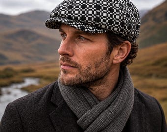 Black & Cream Wool Newsboy Cap, 8 Panel Cap, Baker Boy Hat, Unisex Winter Hat, Vintage Gatsby Hat, Handmade Wool Hat