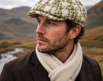 Olive Green Plaid Newsboy Cap, Handmade 100% Cotton, Lined 8-Panel Baker Boy Hat with Structured Brim