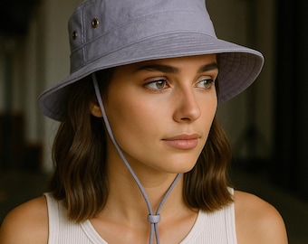 Gray Safari Hat for Men and Women, Lightweight Military Bucket Hat, Foldable Sun Protection Hiking Hat, Camping Travel Cap, Women Beach Hat