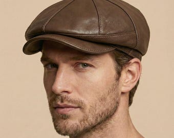 Brown Leather 8 Panels Newsboy Cap – Handmade Peaky Blinders Hat, Vintage Gatsby Style Baker Boy Cap, Premium Genuine Leather Irish Flat Cap