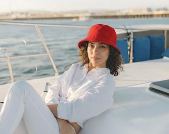 Red Linen Bucket Hat, Wide Brim Sun Hat, Handmade Linen Hat, Summer Safari Hat, Foldable Summer Hat, Sun Protection Hat, Women Beach Hat