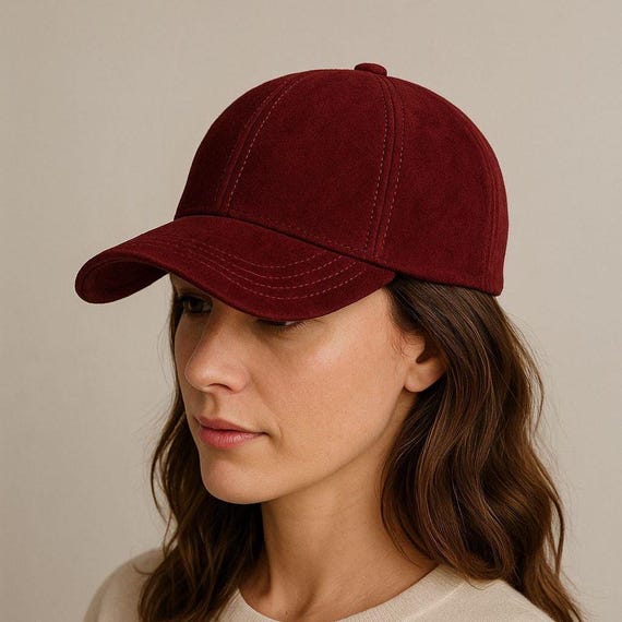 Burgundy Suede Baseball Cap – Handmade Genuine Leather Hat  display picture 2