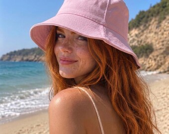 Pink Linen Bucket Hat, Wide Brim Summer Beach Hat, Foldable Cotton Handmade Sun Cap