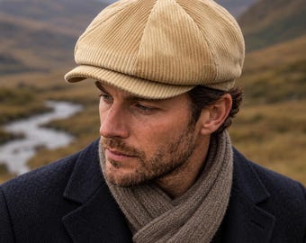 Camel Corduroy Newsboy Cap, 8 Panel Baker Boy Hat, Velvet Gatsby Flat Cap, Vintage Winter Hat for Men, Gift for Him